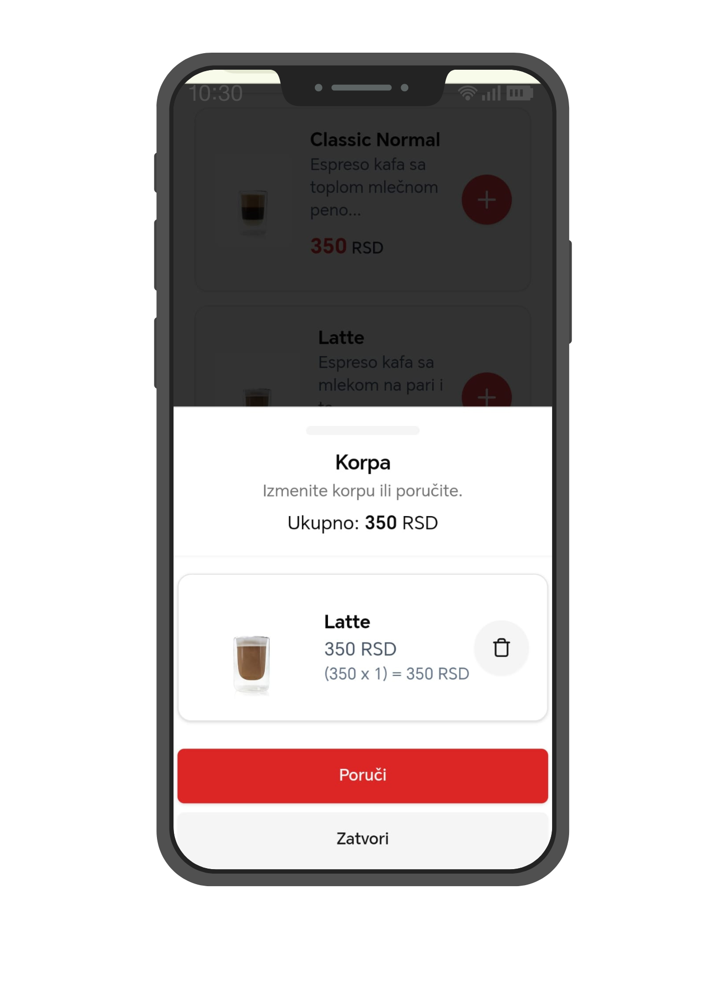 Korpa, basket view in OrderIT app